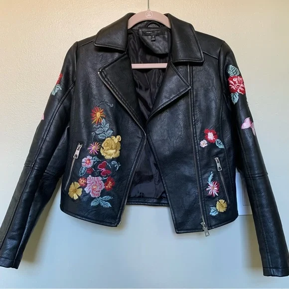 Romeo & Juliet Couture small Moto jacket black Faux Leather embroidered flowers - Picture 2 of 16
